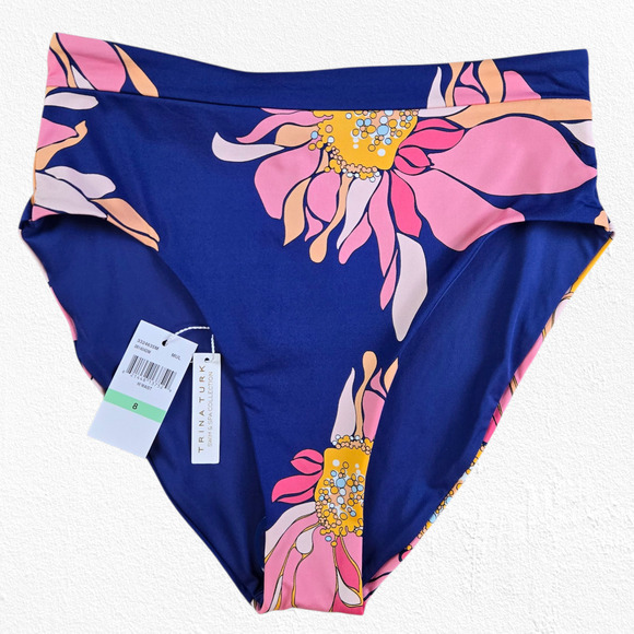 Trina Turk Breeze High Waist Floral Print Swimwear Cheeky Bikini Bottoms Size 8